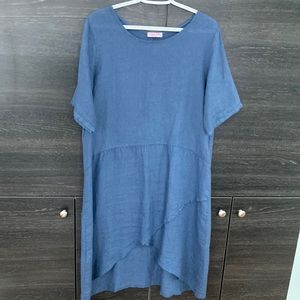 Caterina Ricci M Linen Grey Blue Elegant Loose Dress Hi Lo Hem Short Sleeves Med